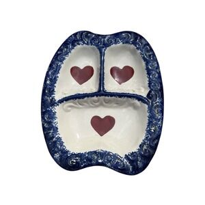 Vintage Style Decorative Divided Dish Plate Hearts Blue White Ceramic Tray Made